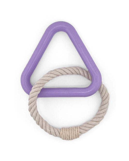 Juguete triangular para perro hecho de caucho violeta y cuerda de algodón natural.