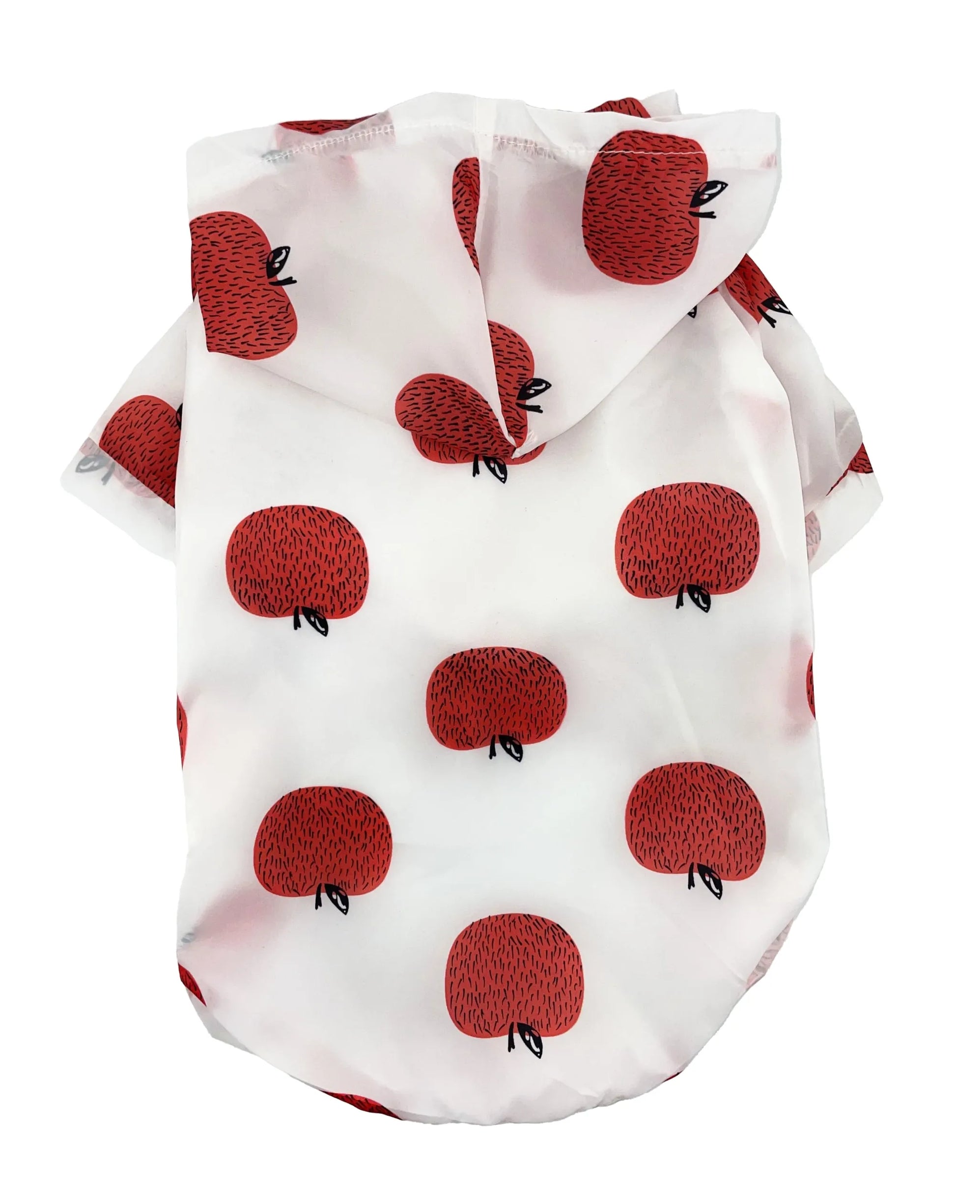 ista trasera del impermeable para perros con estampado de manzanas rojas sobre fondo blanco.