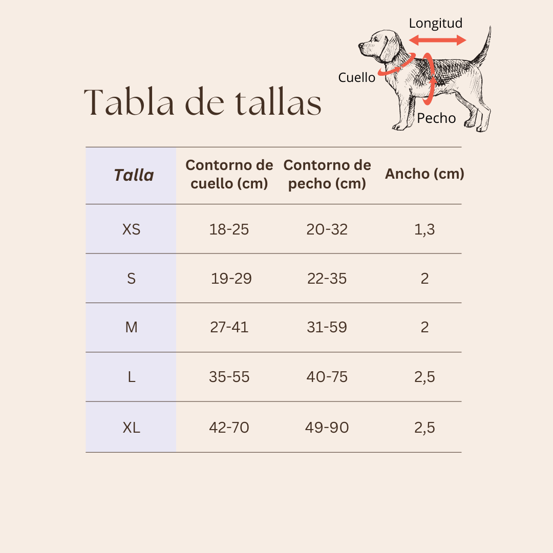 Tabla de tallas para el arnés