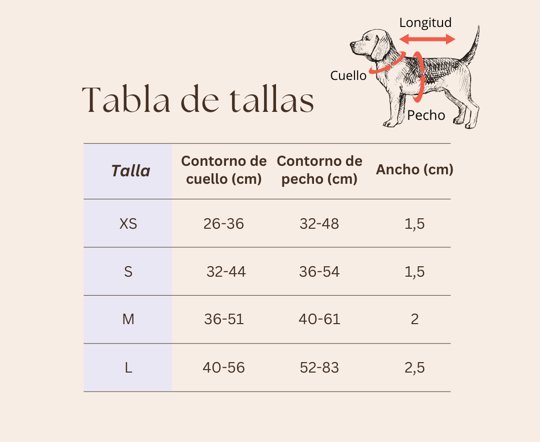 Tabla de tallas para el arnés de cuero vegano rosa, mostrando las medidas disponibles.