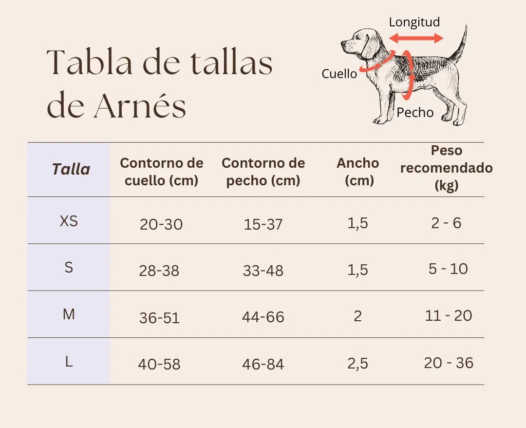 Tabla de tallas del arnés naranja de pata de gallo para perro.