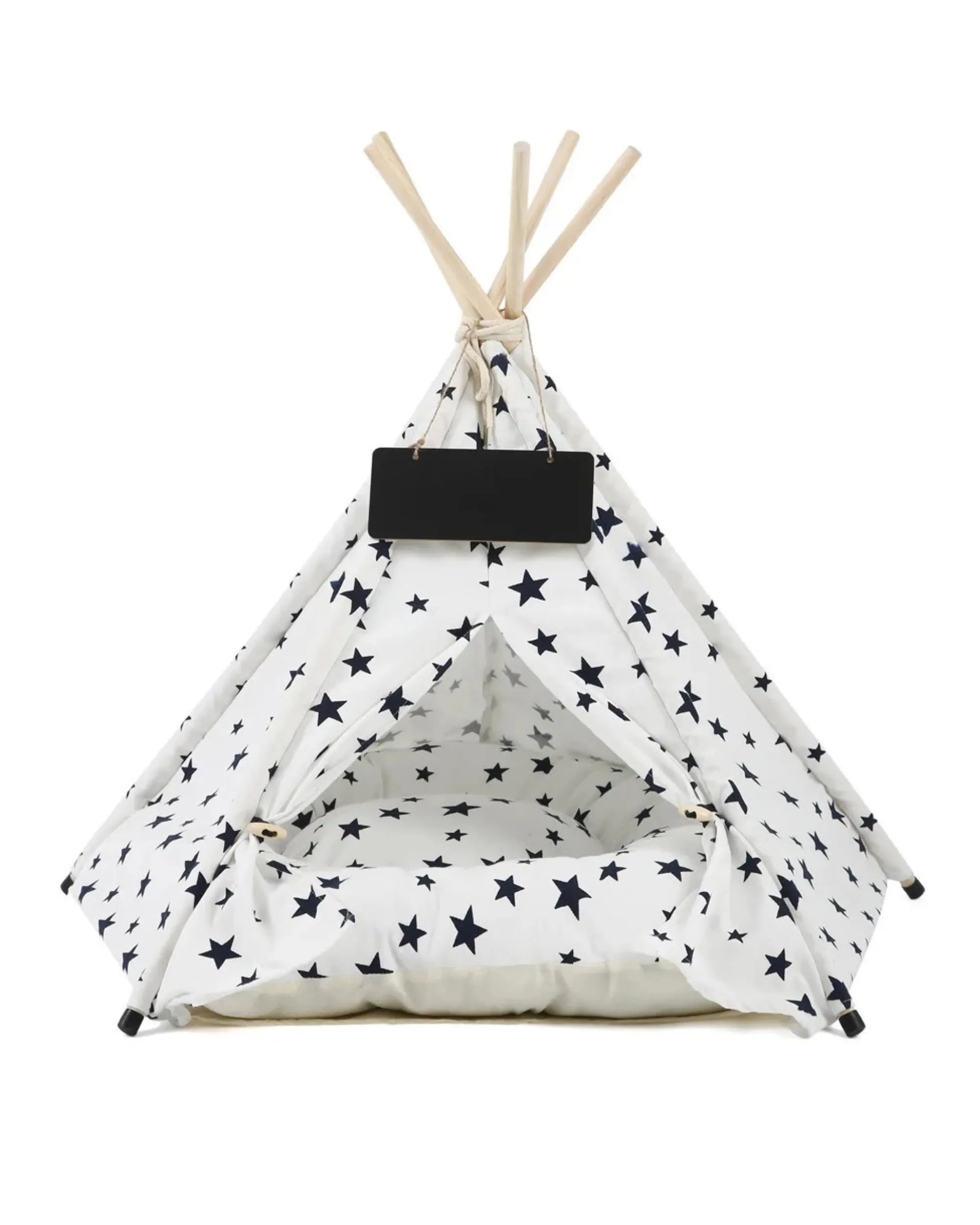  Carpa blanca para mascotas con estampado de estrellas azules vista de frente.