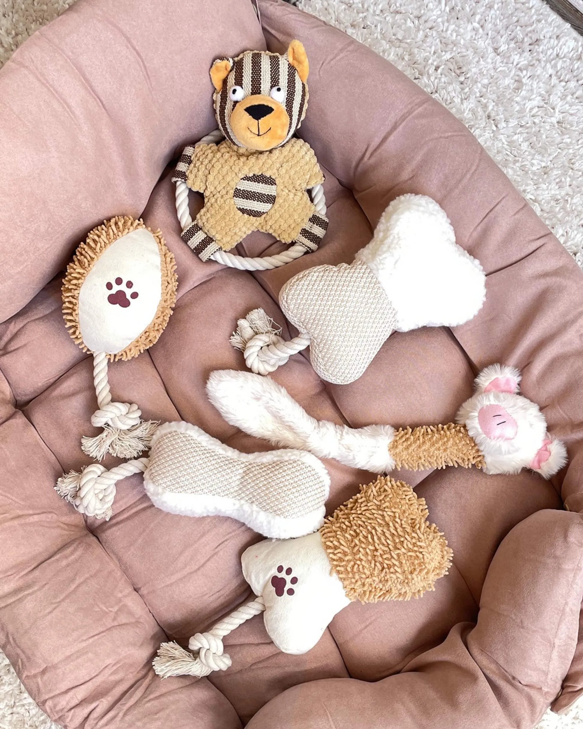 Conjunto de juguetes para perros sobre una cama rosa, incluye un oso de felpa y juguetes con forma de hueso en beige y blanco.